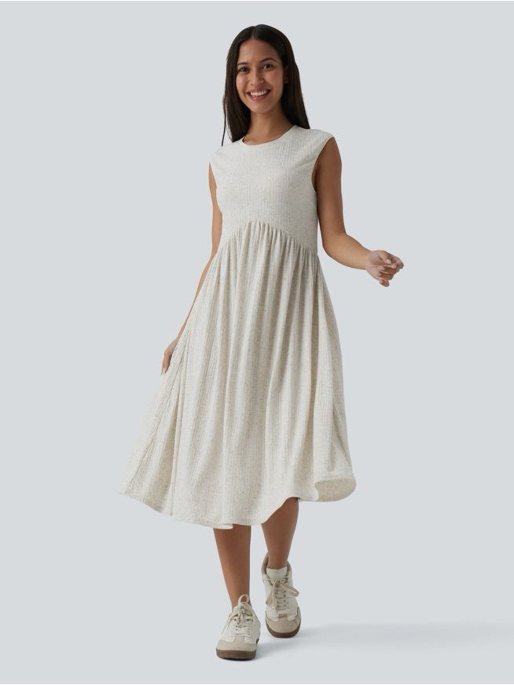 Halara Ribbed Knit Round Neck Sleeveless Flowy Midi Casual Linen-Blend Dress, M